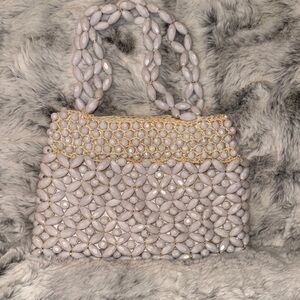 Chic Beaded Shoulder Bag in Cream and Gold